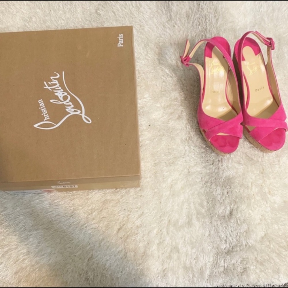 Pink Suede Louboutin Wedges